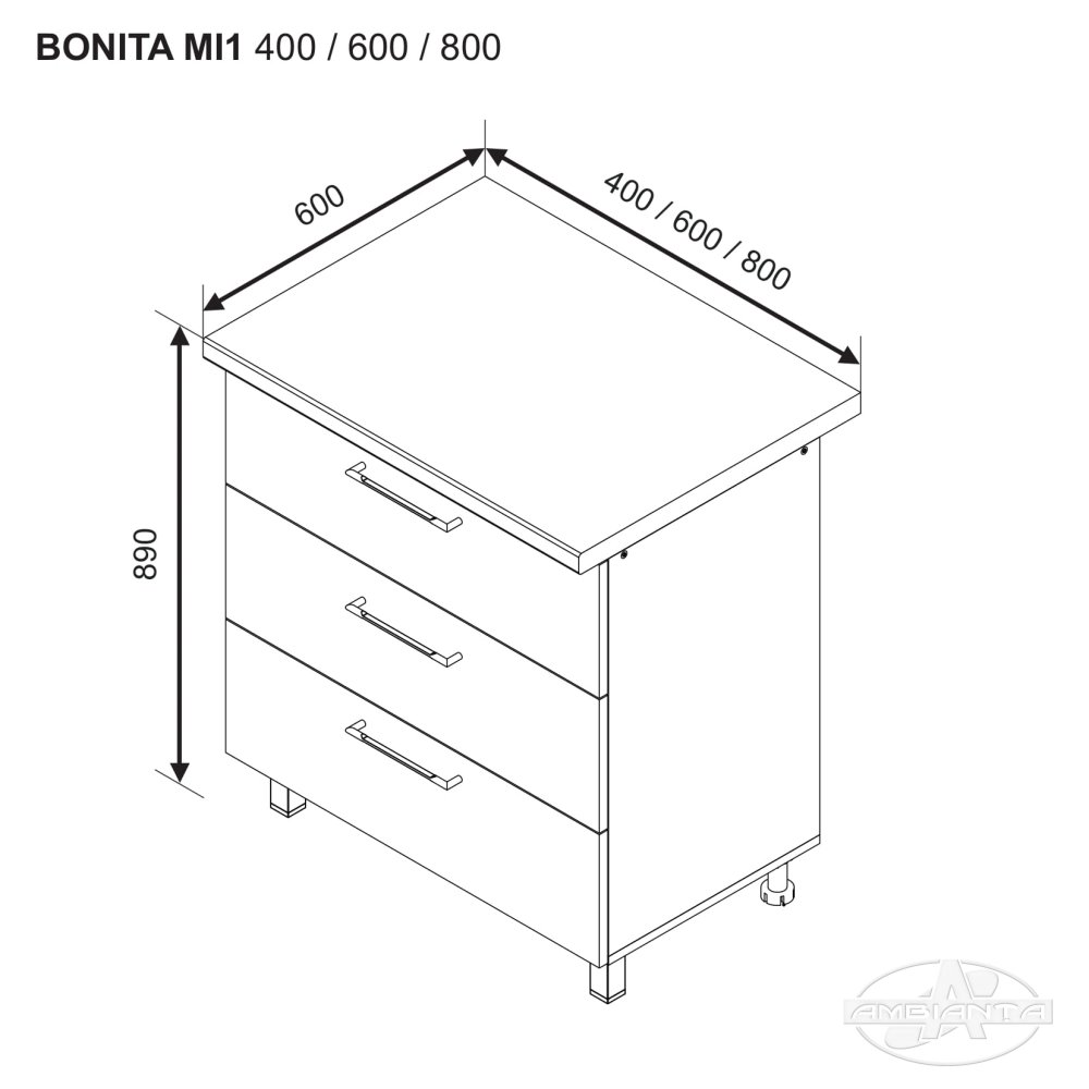 Modul BONITA MI1 800 (modul inferior sertare) — Alb