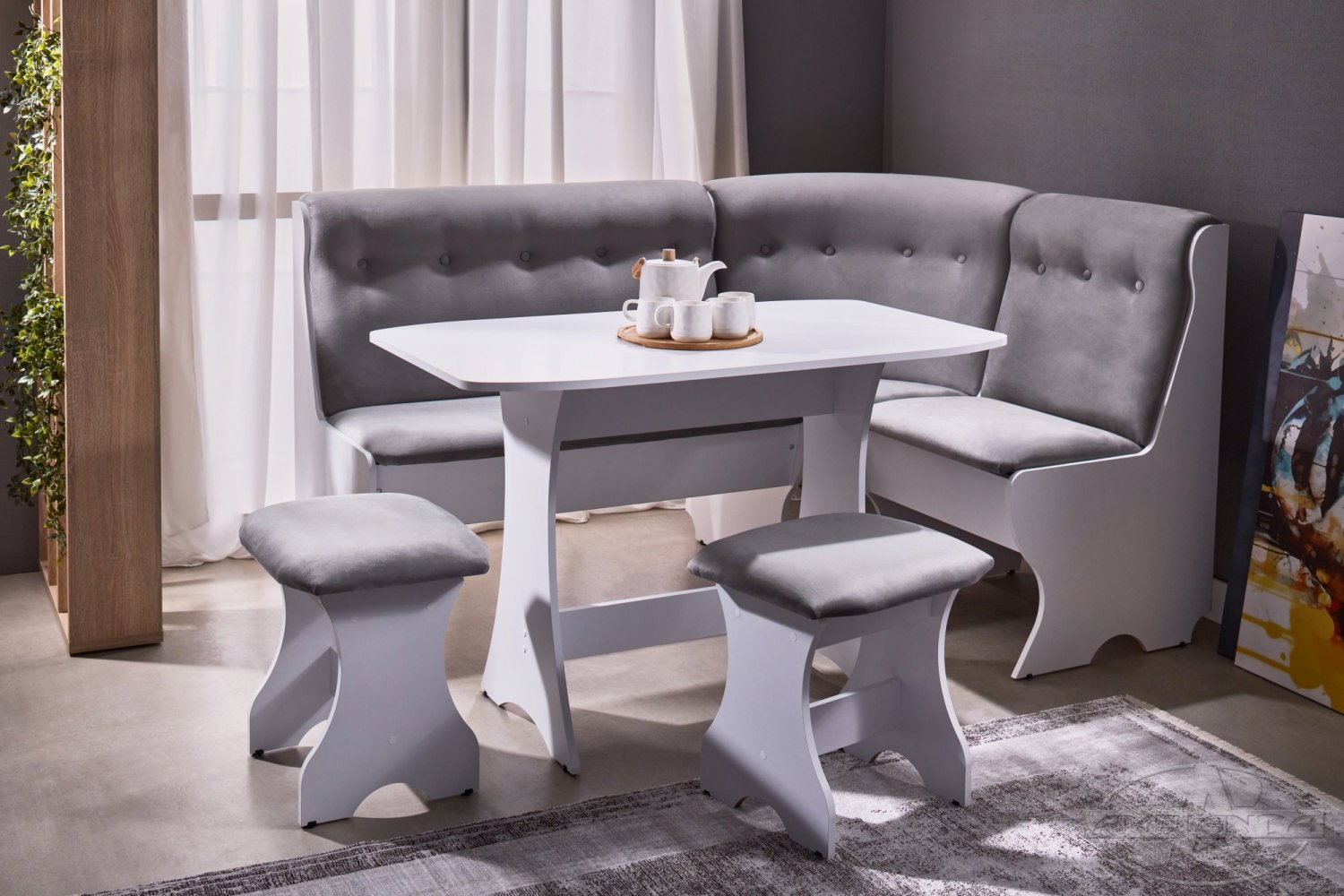 Kitchen corner bench CLEO-2 + 2 stools — White