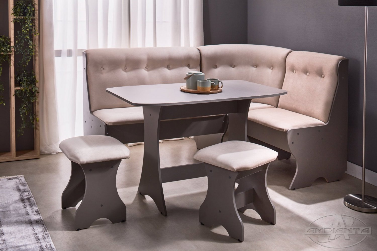 Kitchen corner bench CLEO-2 + 2 stools — Gray
