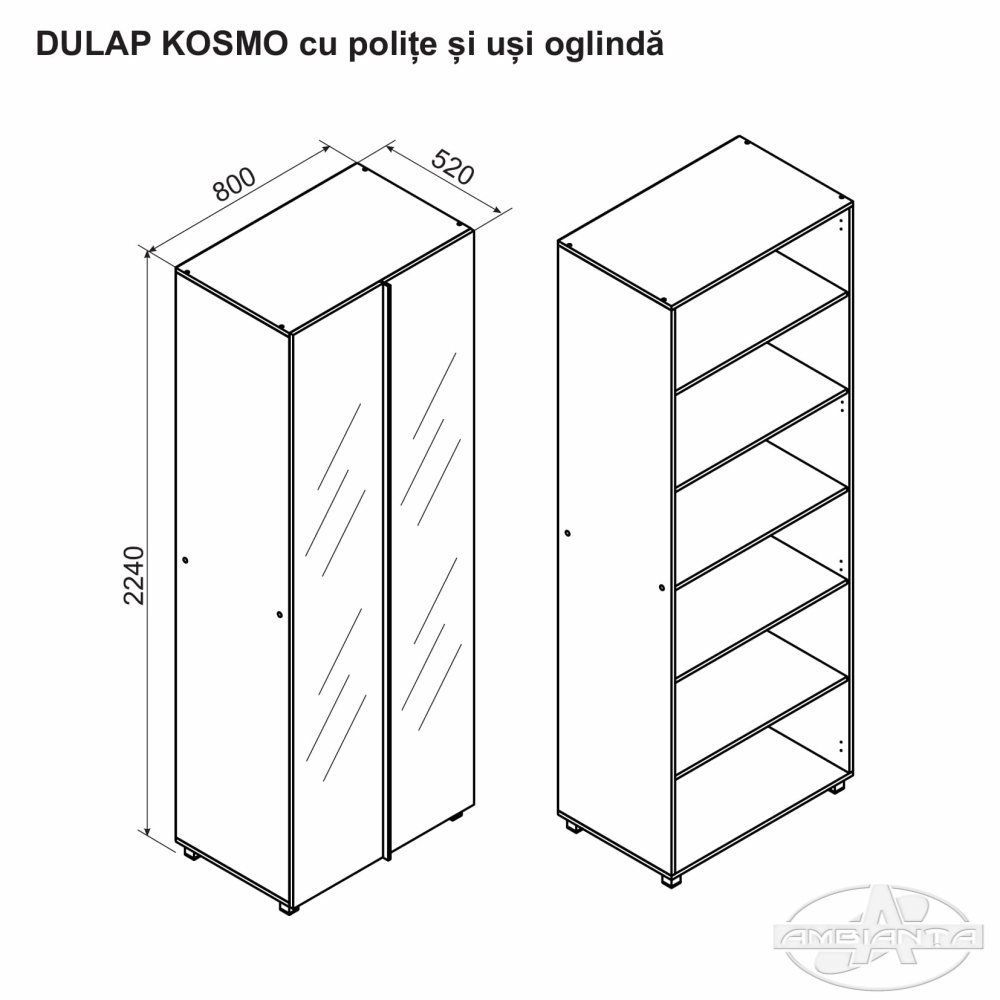 Wardrobe KOSMO with shelves and mirror doors 0.8 m