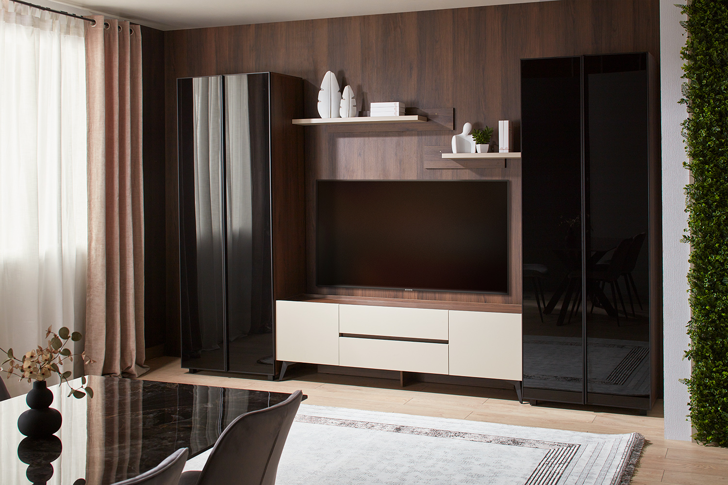 Wardrobe KOSMO with shelves and glass doors 0.8 m — Artisan — Cream